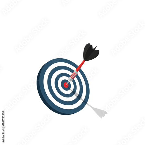 Dart hitting the center of a blue and white target with a shadow.