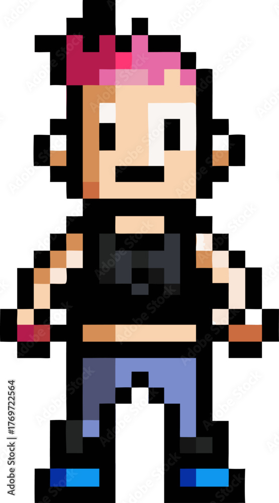 Fototapeta premium Retro game character, an 8 bit pixel art drawing of a small human figure with a pink cap. Simple punk sprite with a minimalist design, ready for old school video game themes or digital art.