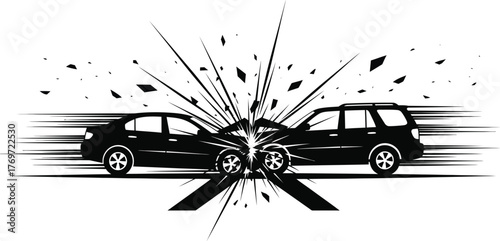 Car crash collision with shattered glass isolated on white background, depicting accident, damage, and danger in a vector illustration
