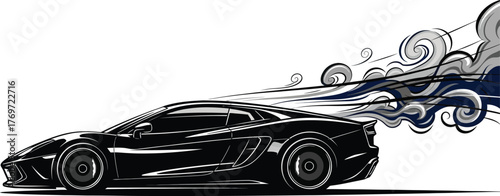 Sleek black sports car with dynamic smoke trail isolated on white background, symbolizing speed, power, and modern automotive design in a vector illustration