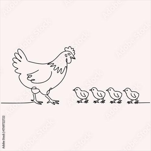 A mother hen leading her four little chicks in a single line drawing, illustrating family and guidance