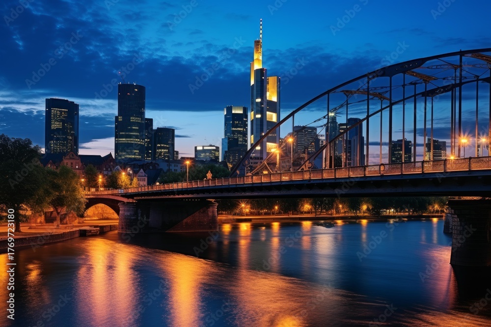 Fototapeta premium Frankfurt city skyline reflecting on main river at blue hour with illuminated bridge and modern skyscrapers