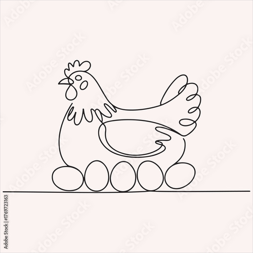 Elegant one line art of a nesting chicken with eggs, a symbol of motherhood and new life