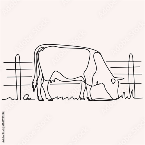 Single Line Art Depicting a Cow Grazing in a Field with a Fence Background
