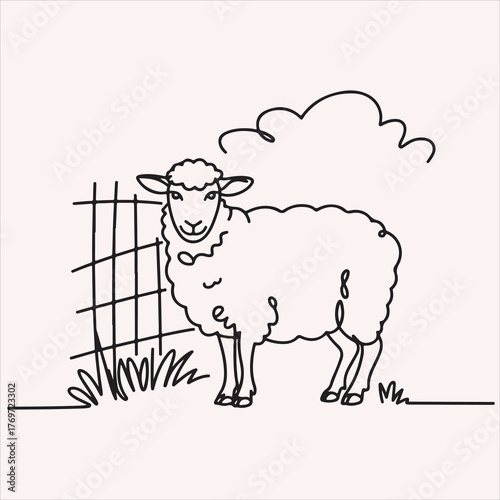 Minimalist one line art illustration of a gentle lamb on a farm with a simple background