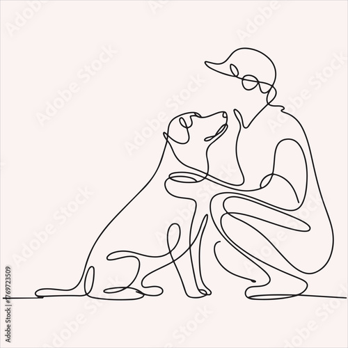 A Person and Their Dog Continuous Line Drawing of a Heartwarming Connection