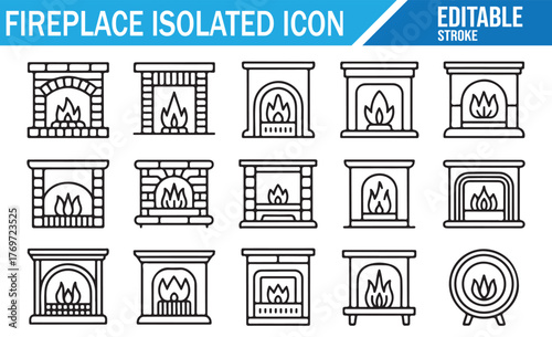 Monoline fireplace icons — brick, stone, and decorative mantels on white