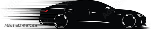 Black sports car silhouette in motion isolated on white background, a dynamic representation of speed, showcasing sleek design and automotive power