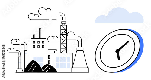 Factory with chimneys emitting smoke, coal piles, and a clock illustrating urgency. Ideal for environment, pollution, time, climate change, energy industry sustainability. Simple flat metaphor