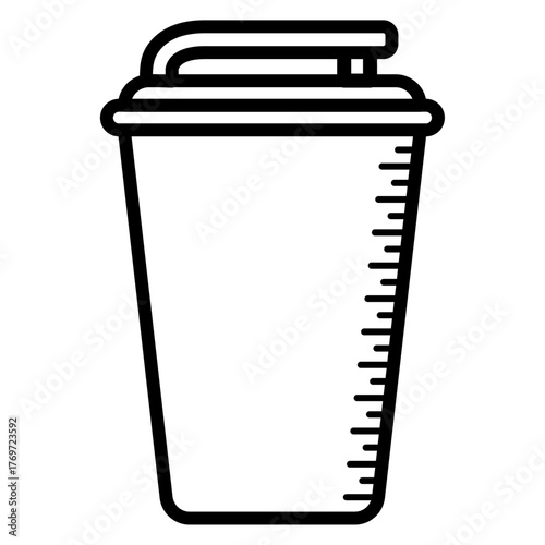 Black and white vector icons of beverage cups with lids and measurement markings, symbolizing coffee, tea, smoothie, or takeaway drink containers. Minimal line art design isolated on white background.