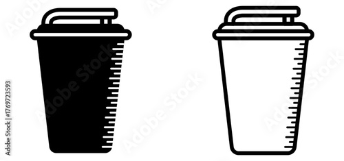 Black and white vector icons of beverage cups with lids and measurement markings, symbolizing coffee, tea, smoothie, or takeaway drink containers. Minimal line art design isolated on white background.