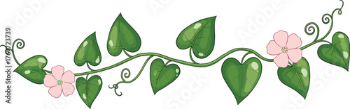 Beautiful vine illustration with heart-shaped green leaves, delicate pink flowers, and curling tendrils, perfect vector element for nature, organic design, decoration, and spring projects.