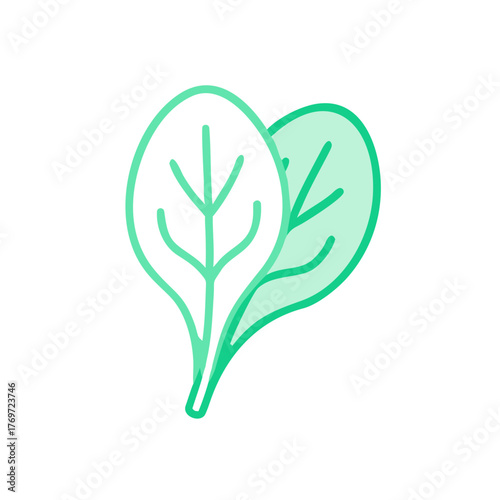 A fresh green flat icon of spinach leaves, representing plant power, vitamins, and wellness.