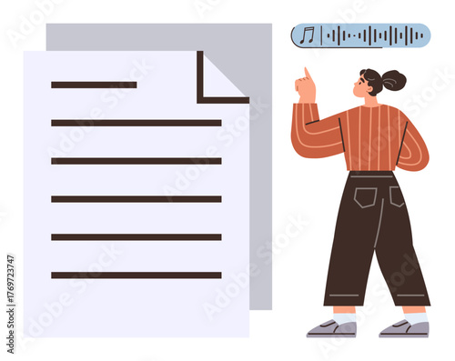 Large document and wave audio element with woman pointing to transcription interface. Ideal for technology, productivity, content creation, education, work, innovation, simple flat metaphor
