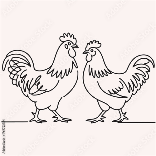 A minimalist continuous single line drawing of a rooster and hen standing together