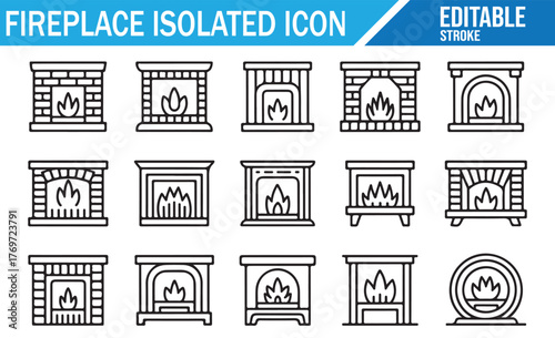 Fireplace outline icon pack with editable stroke — hearth, mantel, and chimney symbols