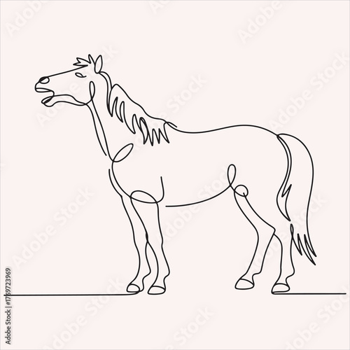 Continuous one line drawing of a neighing horse, minimalist modern equestrian art style