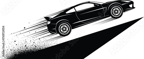 Black sports car in motion isolated on white background, a dynamic illustration of speed and modern automotive design, showcasing sleek lines and power