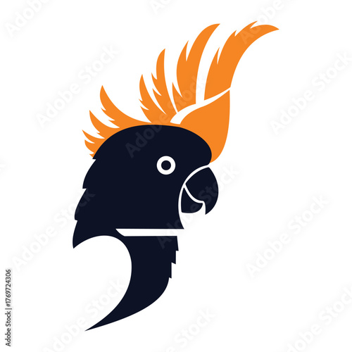 Creative design closeup silhouette of a black cockatoo head with an orange crest