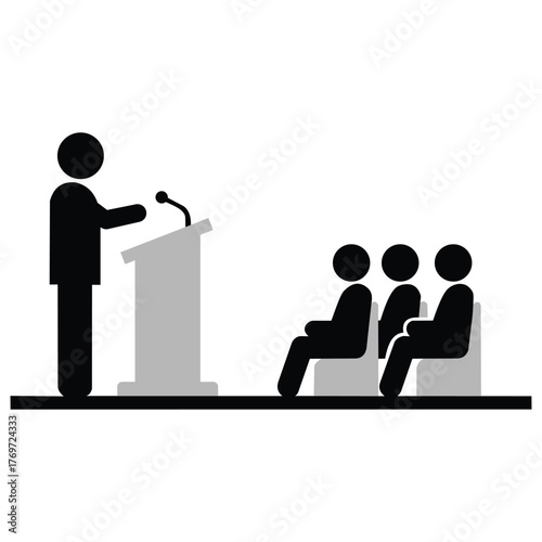 Creative design a speaker stands at a podium addressing an audience of seated people