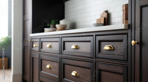 Dark Wood Kitchen Drawers with Golden Hardware, Classic , Interior