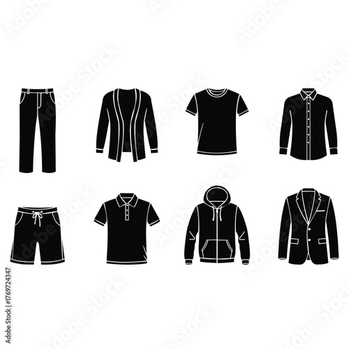 Creative design collection of mens clothing items including pants, shorts, shirts, jacket, and suit