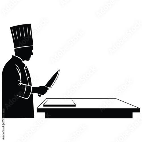 Creative design chef in uniform holding a knife, ready to prepare food