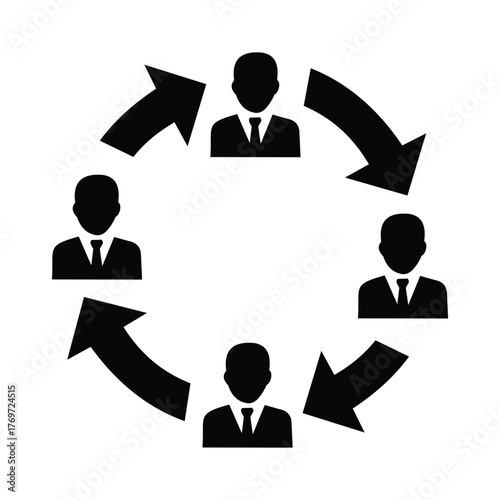Creative design teamwork and collaboration concept, circular flow of people in business suits, representing communication and synergy