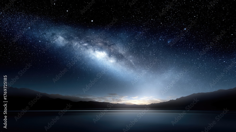 Fototapeta premium The bright Milky Way stretches across a clear night sky above tranquil waters, with mountains framing the scenery and distant lights
