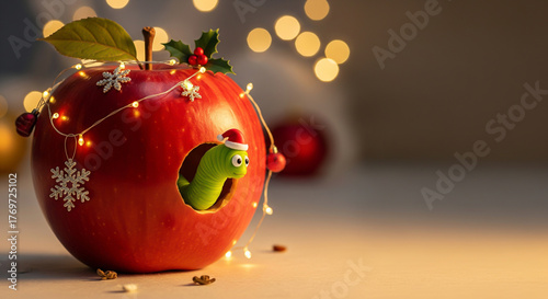 A cute green worm wearing a Santa hat peeks from a red apple decorated with Christmas lights and ornaments, creating a festive holiday scene.