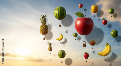 A surreal sky filled with fruits like apples, bananas, and pineapples floating as hot air balloons at sunrise, symbolizing freedom and imagination.