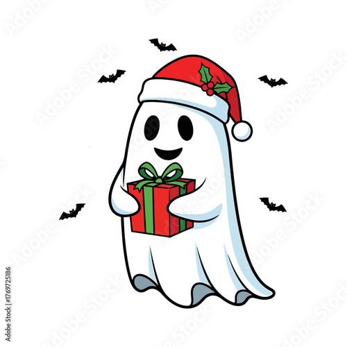 Cute Christmas Ghost Holding Gift – Funny Holiday and Halloween Crossover Illustration