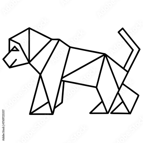 Monkey. Origami concept. Monochrome. Tangram. Line art illustration. Squares and triangles. Geometric. Animal. Ape. Mammal.