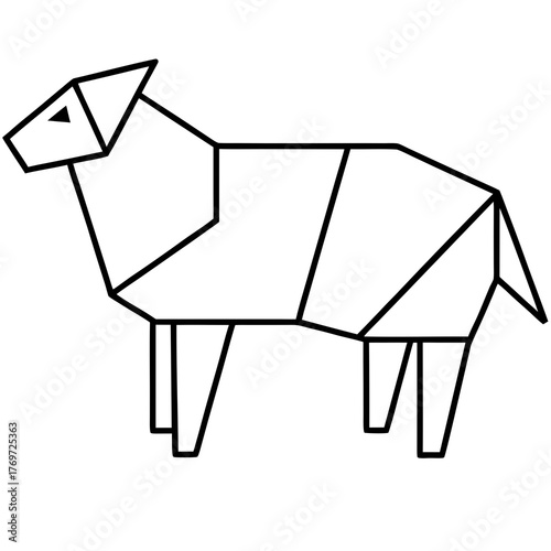 Sheep. Origami concept. Monochrome. Tangram. Line art illustration. Squares and triangles. Geometric.