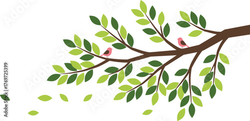 Stylized tree branch illustration with playful pink birds and falling green leaves, representing spring season, nature, renewal, and organic life, isolated vector graphic design element.