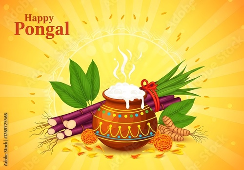 Traditional Pongal festival celebration with decorative pot, sugarcane, and turmeric on a vibrant yellow background for holiday greetings and cultural festivities