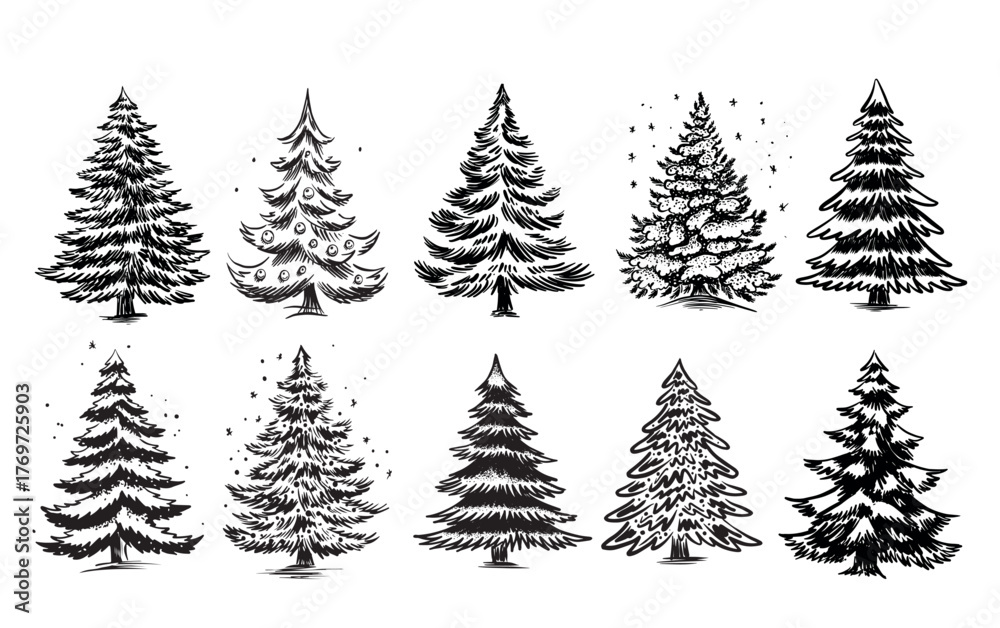 Fototapeta premium Christmas black trees set on white