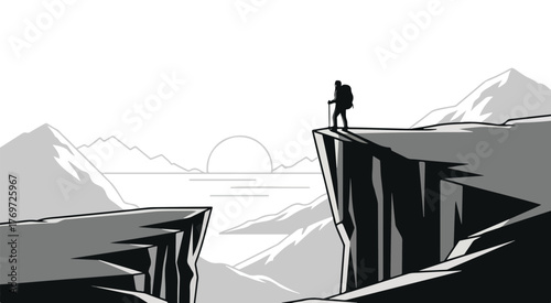 Mountain hiking adventure illustration of hiker on cliff edge with backpack and hiking pole view landscape
