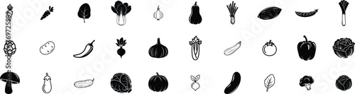 Vegetables glypy icon set, Carrot, Spinach, Onion, Squash, Potato, Chili Pepper, Garlic, Celery, Tomato, Mushroom, vector silhouette