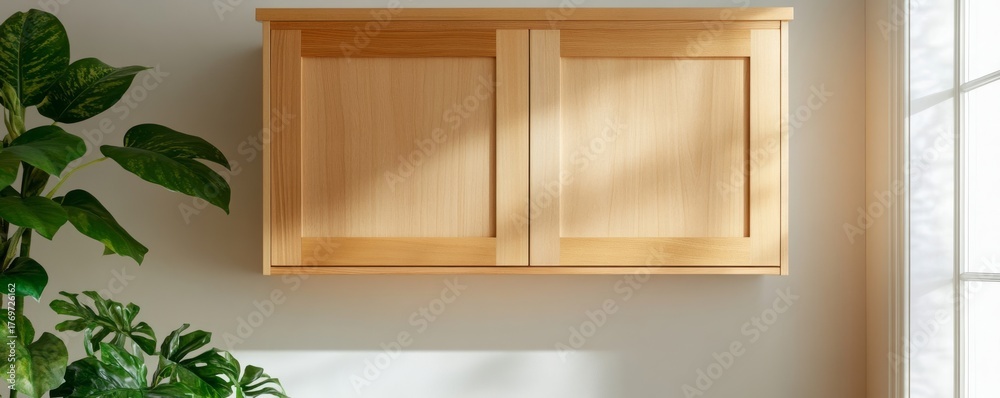 Fototapeta premium Minimalist Light Oak Wall Cabinet with Plants, Modern Home ,Storage