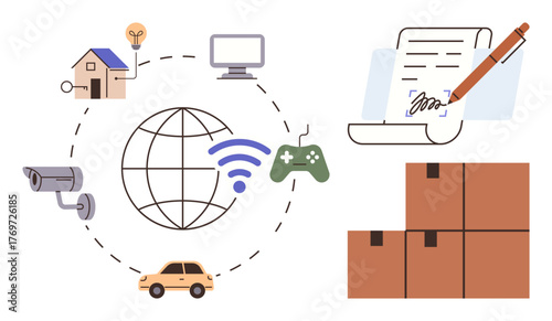 Network linking home, car, camera, gaming, documents, and delivery boxes. Ideal for IoT, e-commerce remote work smart living logistics communication connectivity. Minimalist concept simple flat