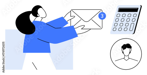 Woman holding an email with notification badge, calculator, and user avatar. Ideal for communication, organization, finance, collaboration, online messaging notifications teamwork. Simple flat