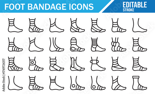 Editable Stroke Icons of Foot Wrapping, Braces, and First Aid