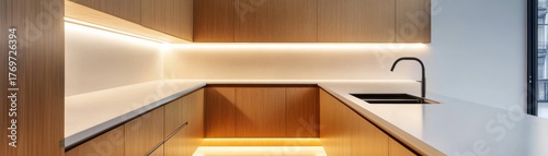 Minimalist Wood Kitchen Design with LED Lighting, kitchen, interior