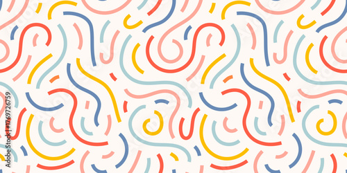 Fun colorful line doodle seamless pattern. Creative minimalist style art background for children or trendy design with basic shapes. Simple childish scribble backdrop. Vector stock background