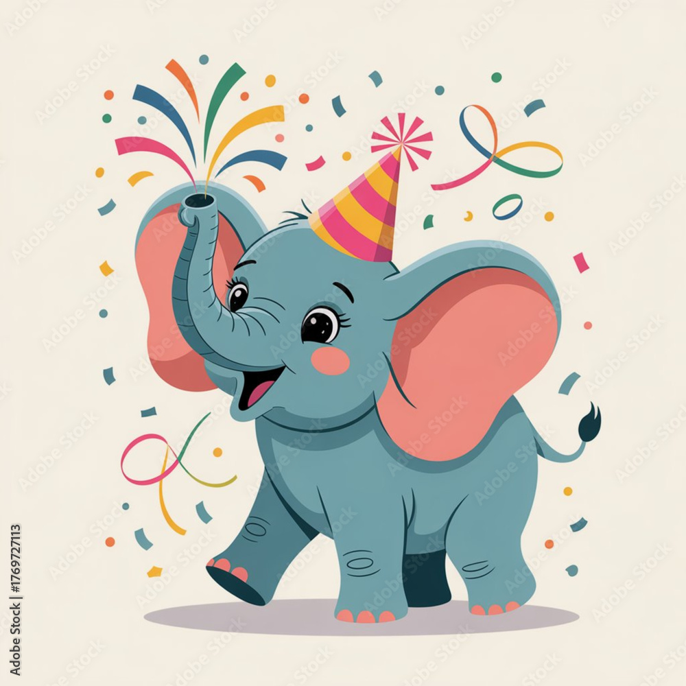 Obraz premium Adorable Elephant Blowing Party Horns Vector Illustration