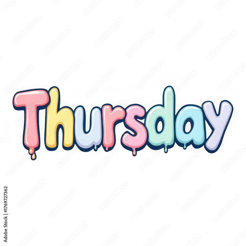 Fototapeta premium Candy Drip Thursday Word in Pastel Balloon Letters. Playful 3D Thursday Typography with Glossy Sheen. Sweet Liquid Drip Lettering Design isolated on transparent background.