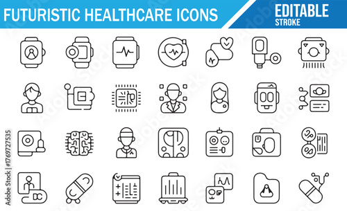 Futuristic Healthcare Icons Set — Smart Medical Devices, Digital Health Monitoring, AI Doctor Technology, Wearable Wellness Tracker, Remote Diagnosis, and Modern Medical Equipment Outline Vector Illus