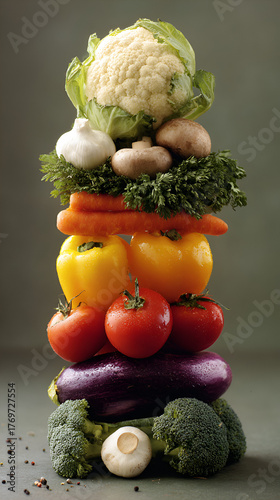 Colorful Tower of Fresh Vegetables Stacked High, Vibrant Pyramid of Healthy Produce for Nutrition, Artistic Arrangement of Raw Veggies in Rainbow Layers


