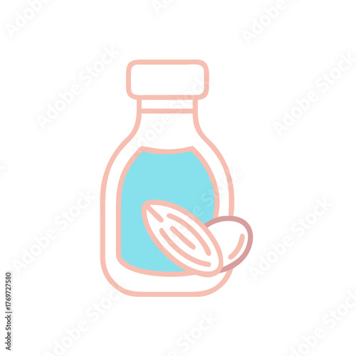 A minimalist flat icon of a glass bottle of almond milk with almonds beside it.